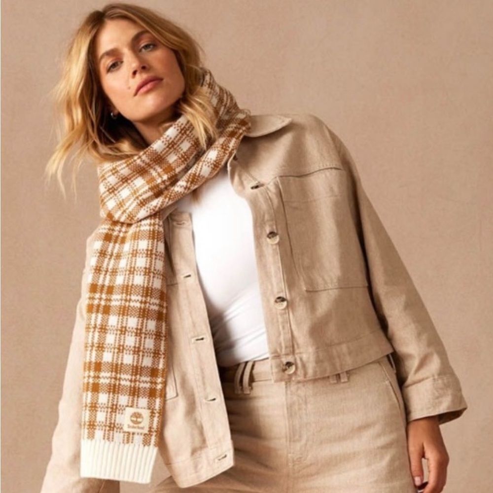 Timberland Ivory Wheat Orange Plaid Knit Acrylic Oblong Rectangle Winter Scarf